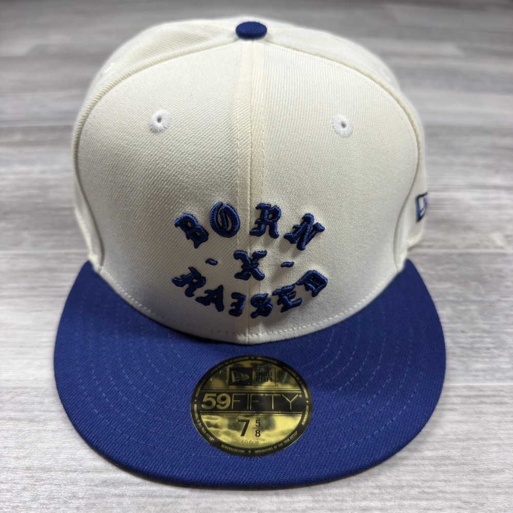 Born X Raised New Era 59FIFTY Rocker Fitted Hat Cap Size 7 5/8 Cream/Royal Blue